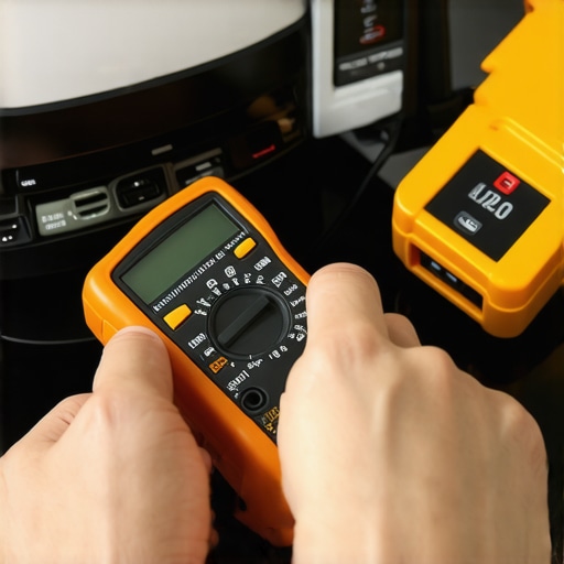 Technician using multimeter and ultrasonic cleaner on smart refrigerator and washing machine for maintenance.