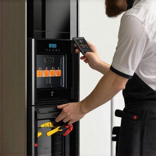 Maintaining Smart Appliances with Advanced Tools Person inspecting and maintaining smart appliances using tools and a smartphone app in a modern kitchen.