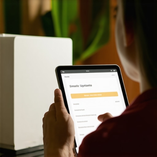 Person updating firmware on a smart appliance using a tablet in a modern home.