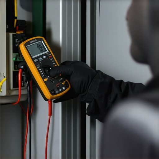 Technician using multimeter on smart refrigerator for maintenance