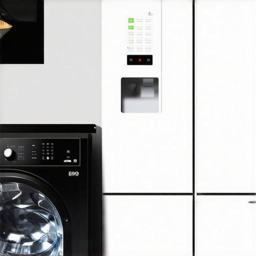 Smart washer and refrigerator in a modern kitchen with digital controls