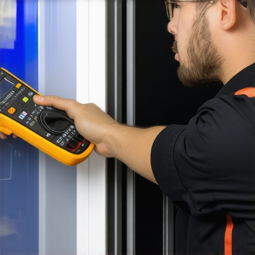 Smart Refrigerator Maintenance with Multimeter Technician checking a smart refrigerator's electrical connections with a multimeter.