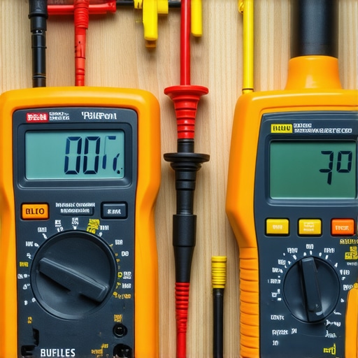 A digital multimeter and refrigerant leak detector on a workbench