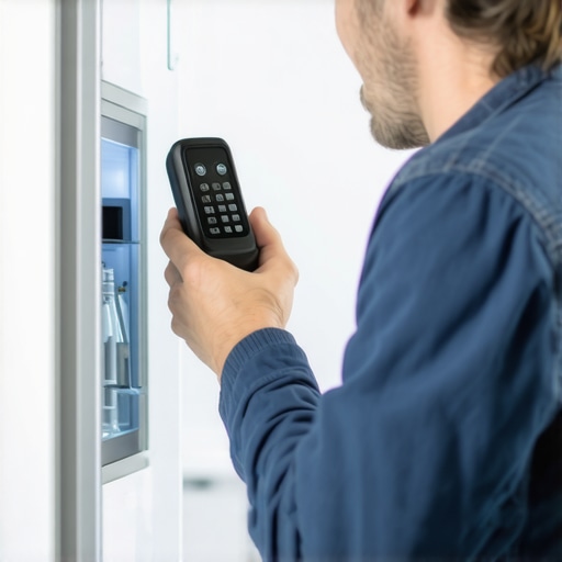 Person inspecting appliance internals with a digital inspection camera.