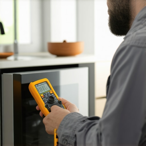 A technician using a multimeter to test a refrigerator's electrical connection.