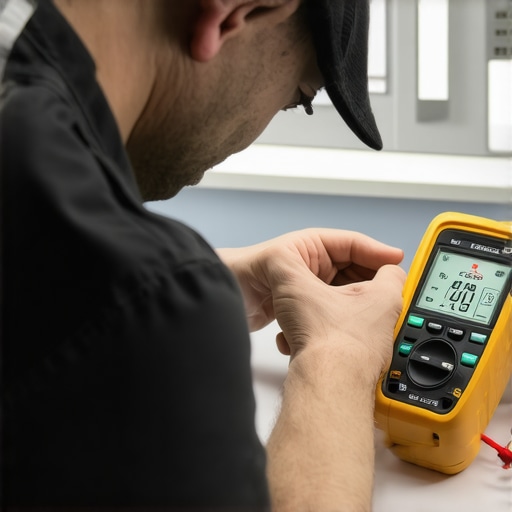 Person testing a refrigerator with a multimeter and energy monitor in a modern kitchen