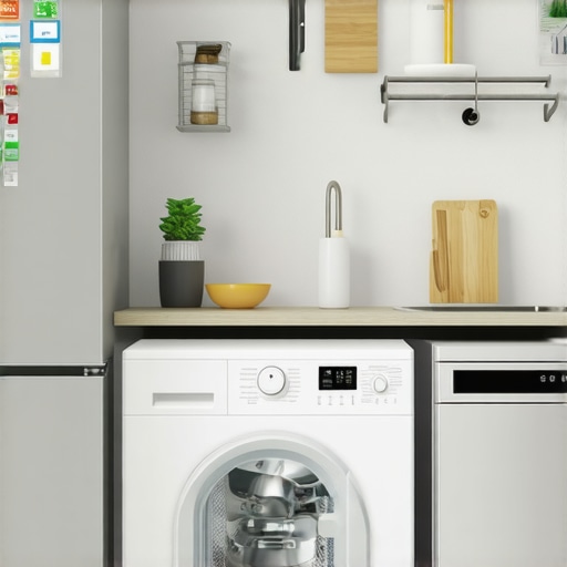 A sleek kitchen featuring smart fridge, washing machine, and dishwasher connected wirelessly.