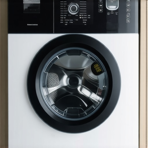 A modern washing machine emitting steam to disinfect clothes in a bright laundry room