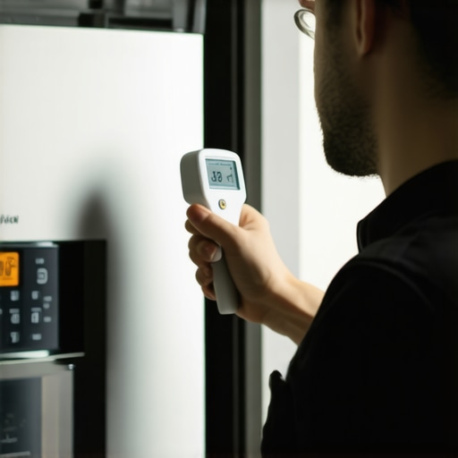 Technician measuring refrigerator temperature with infrared thermometer in a modern kitchen