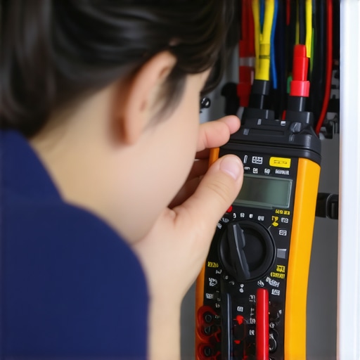 Person testing electrical connections with a multimeter
