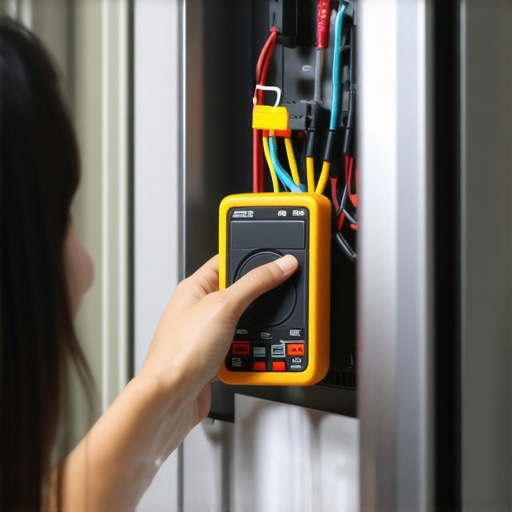 Person testing appliance electrical connection with multimeter in kitchen