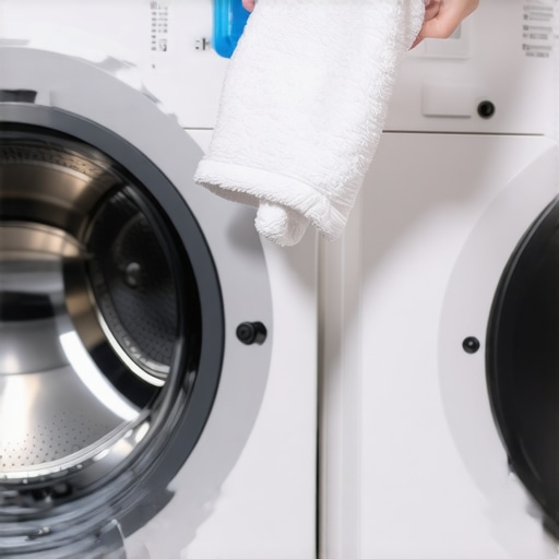 Person wiping the door gasket of a washing machine with vinegar and a cloth, showing routine maintenance.