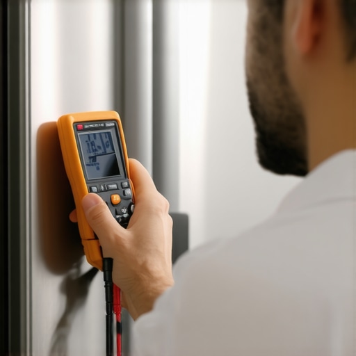 A person checking a refrigerator's sensor with a multimeter using a modern kitchen background