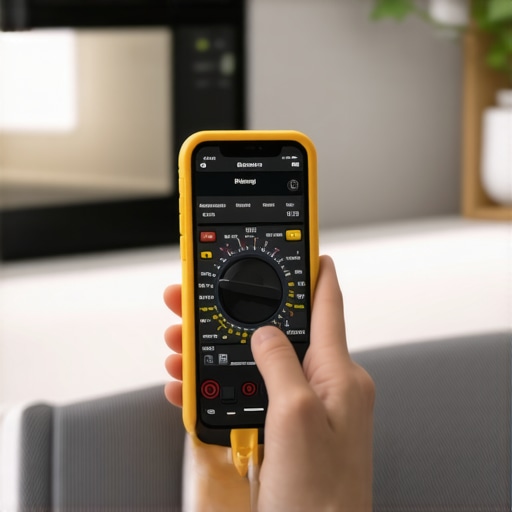Close-up of a person testing an appliance with a multimeter and monitoring energy use via a smartphone.