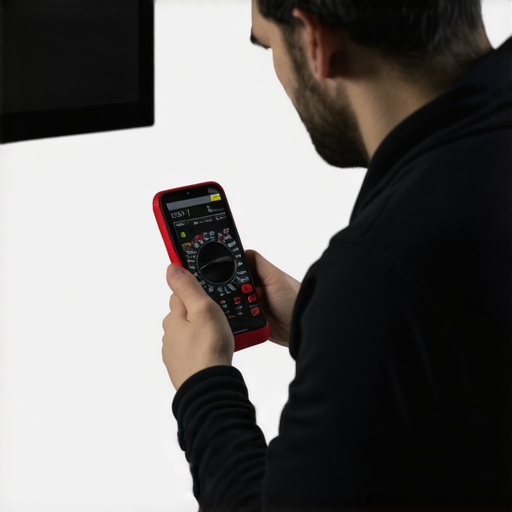 A technician checking smart home appliances using a multimeter and Wi-Fi app