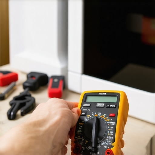 Using a multimeter for appliance diagnostics Person measuring appliance voltage with a multimeter in a home workshop