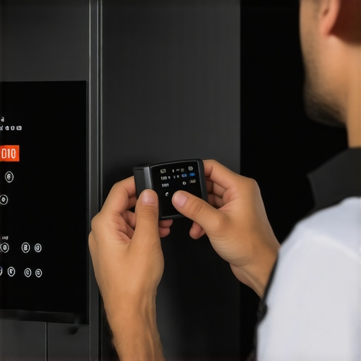 Calibrating Smart Refrigerator Sensors for Longevity Technician using a calibration device on a smart fridge sensor in a modern kitchen