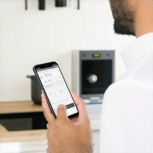 Person adjusting smart appliance settings with smartphone in a modern kitchen