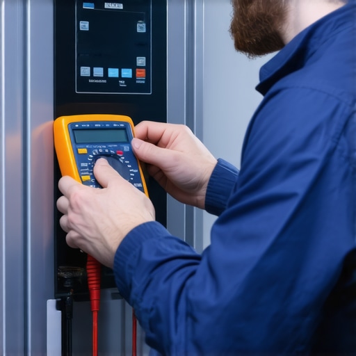 Technician testing a refrigerator with a multimeter for maintenance