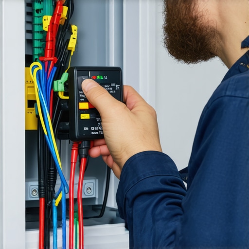 Technician Performing Maintenance on Smart Refrigerator A technician testing a smart refrigerator's electrical connection with a multimeter