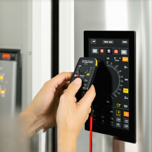 Person testing refrigerator sensor with a multimeter in a clean, modern kitchen
