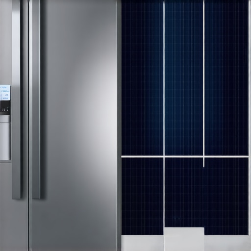 Efficient Solar Refrigerator Setup A sleek, modern refrigerator placed in a sunny room with solar panels outside, demonstrating optimal placement for energy efficiency.