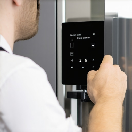 Technician adjusting a smart fridge's thermostat panel.