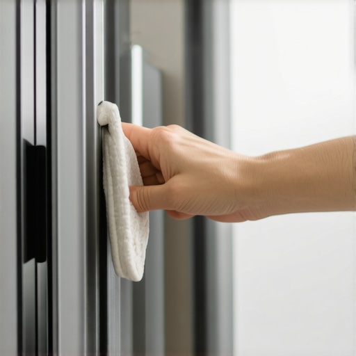 Person maintaining refrigerator door seal with lubricant in kitchen.