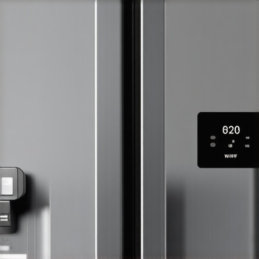 A modern smart refrigerator with digital display showing Wi-Fi connection status in a kitchen.