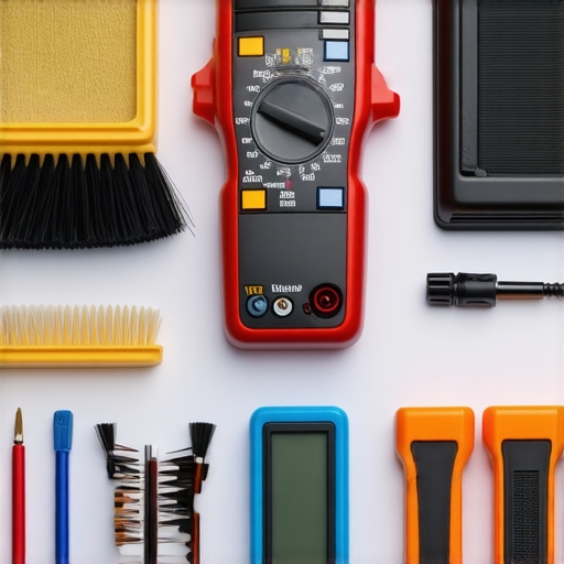 A comprehensive set of tools including multimeter, cleaning brushes, and calibration devices arranged on a workbench