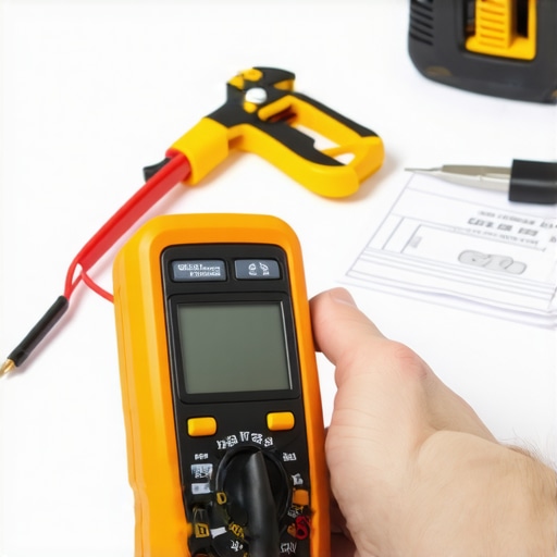 Person testing an appliance's electrical system with a multimeter during home maintenance