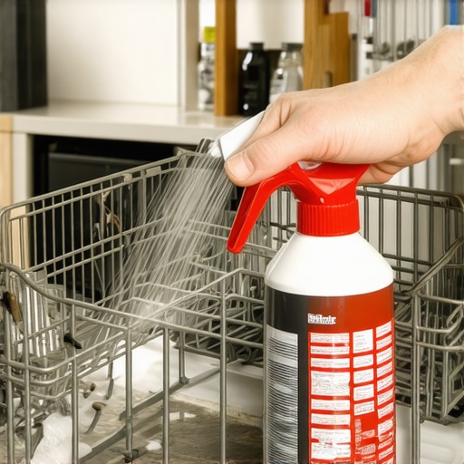 Person spraying rust-inhibiting coating on dishwasher basket