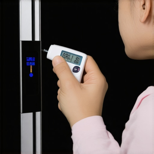 Person adjusting refrigerator sensor with thermometer in modern kitchen.