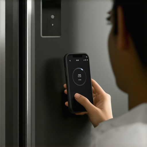 Person using a smartphone to calibrate a smart refrigerator's temperature sensor.