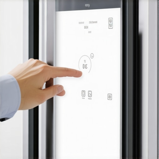 Person adjusting smart fridge sensor calibration settings on the touchscreen panel with a digital thermometer on the counter.