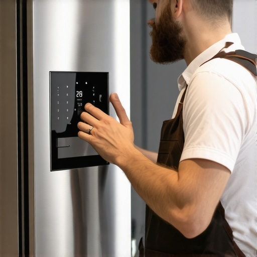 Technician adjusting sensors on a modern smart refrigerator in a sleek kitchen setting