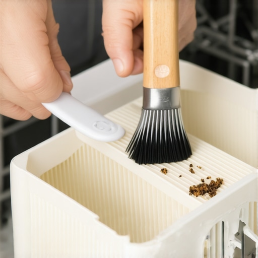 Person scrubbing dishwasher filter with a brush, debris visible on the brush.
