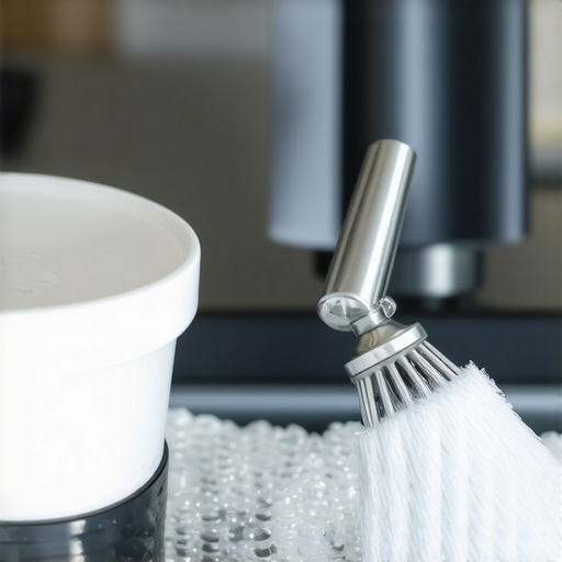 Technician using a small brush to clean the dishwasher's spray arm, emphasizing maintenance.