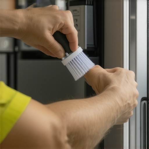 Person cleaning dishwasher spray nozzles with a brush for maintenance.