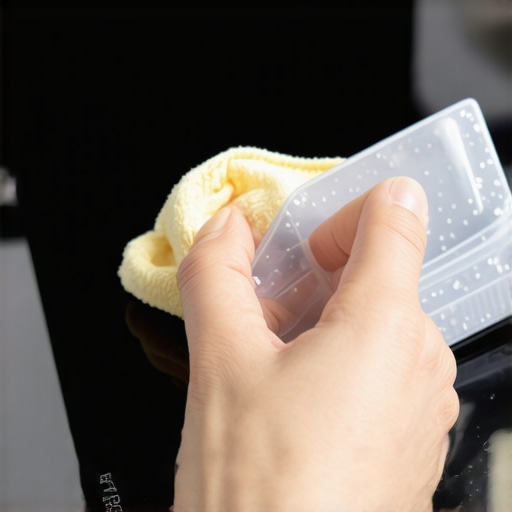 Person wiping and scraping a shiny glass induction cooktop with cleaning tools.