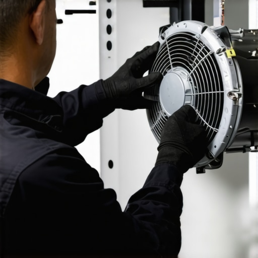 Technician applying lubricant to refrigerator fan motor during maintenance.