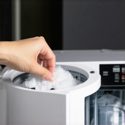 Person removing debris from the lint filter of a front-loading washing machine in a laundry room.