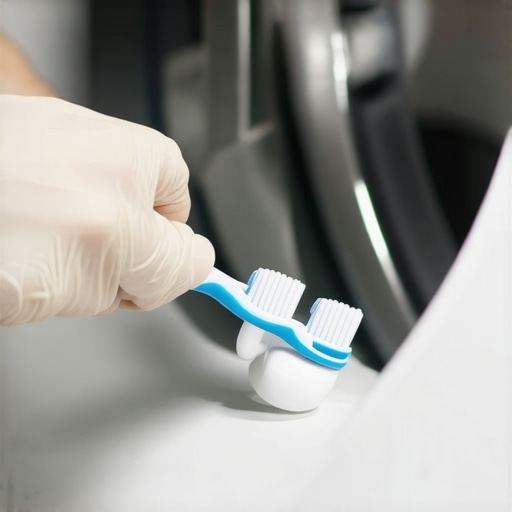 Person scrubbing washing machine gasket with toothbrush and vinegar