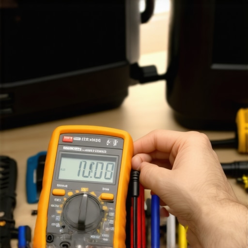 Person testing a home appliance using a multimeter and cleaning tools on a workbench