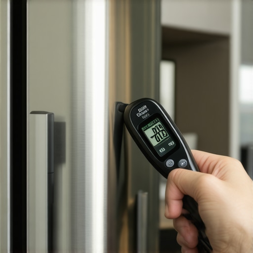 Person using an infrared thermometer to check a smart refrigerator's temperature in a contemporary kitchen.