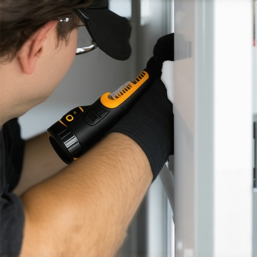 Person cleaning refrigerator condenser coil with a specialized brush.