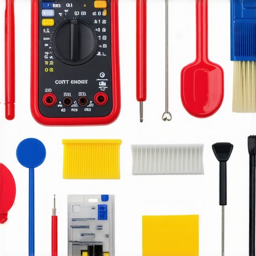 Tools for appliance maintenance, including multimeter, screwdrivers, cleaning brushes, and a diagnostic app on a smartphone.