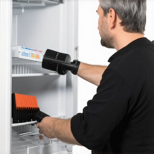 Home Appliance Maintenance Tools and Techniques Person using a brush to clean refrigerator coils for better efficiency
