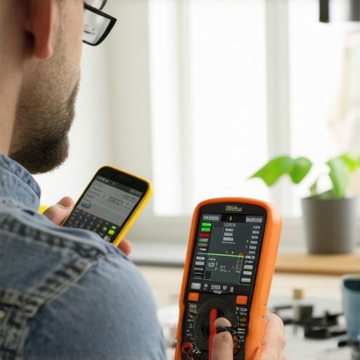 Homeowner Using Diagnostic Tools for Appliance Maintenance A person testing a refrigerator with a multimeter and checking a smartphone app in a contemporary kitchen.