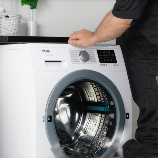 Technician checking water inlet hoses and filters on a washing machine to fix low water level issues.